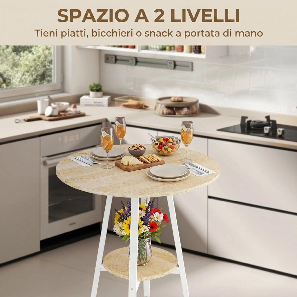 Tavolo Alto Rotondo Ø55x95 cm con Mensola per 2 Persone in Metallo e Melamina Naturale e Bianco