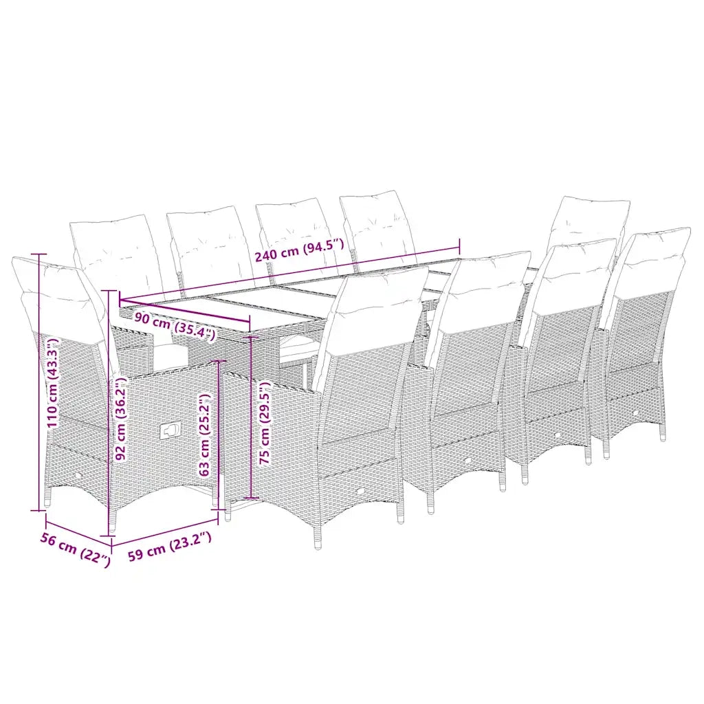 Set BistrÃ² da Giardino 11 pz con Cuscini in Polyrattan Grigio