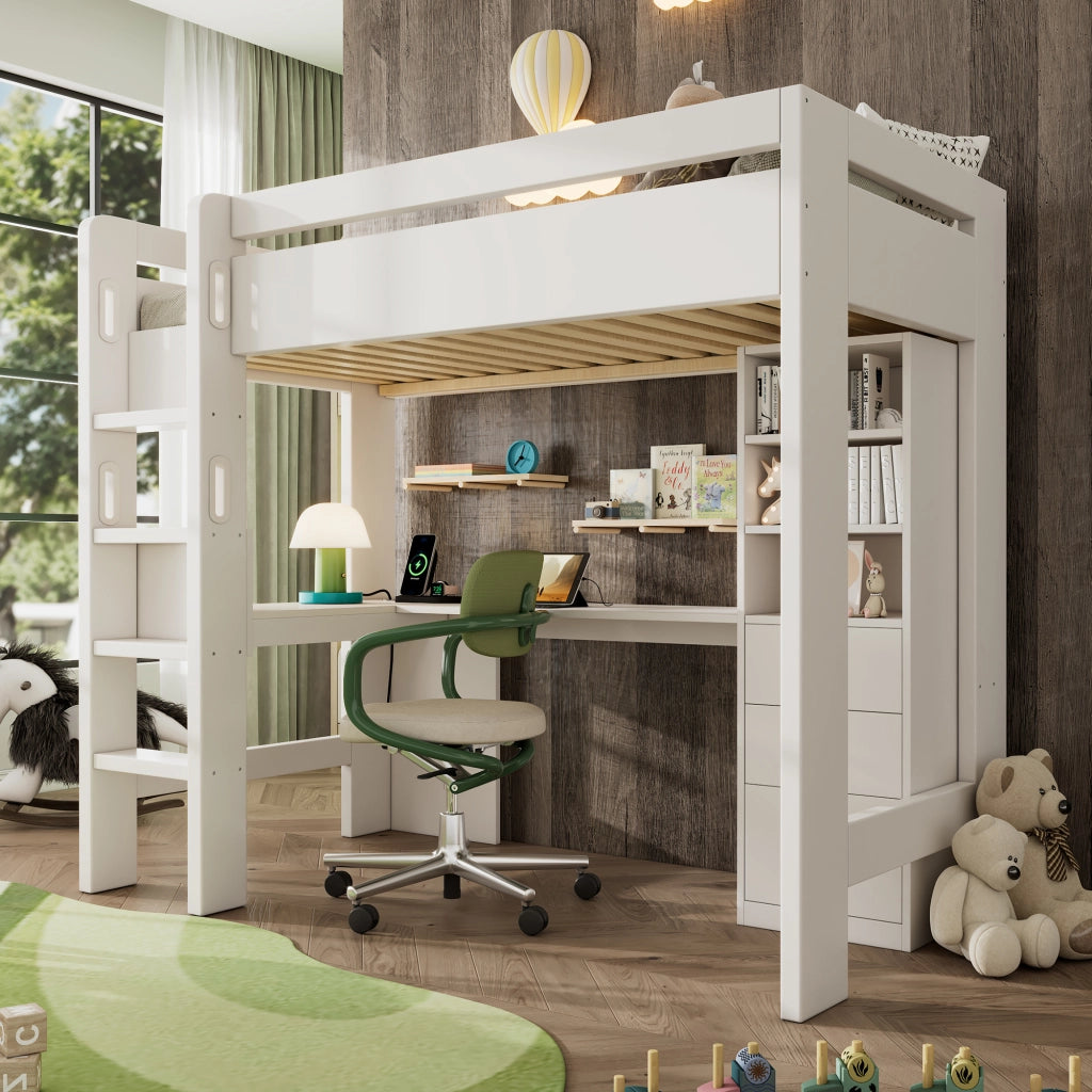 Letto alto con scrivania a L ripiani e cassetti funzione 90x200cm