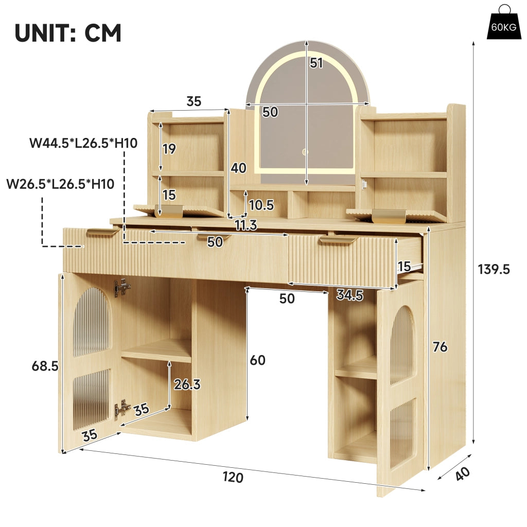 Scrivania Toeletta con Specchio e LED ¨C MINIMAL ¨C Legno, 3 Cassetti, 120x40x139