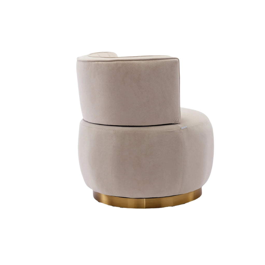 Sedia girevole a 360° in velluto beige; con schienale ergonomico e base in legno e metallo