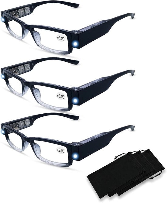 Set da lettura 3 pezzi – LED integrato & ingranditore – Uomo e donna – Visibilità ottima durante la lettura