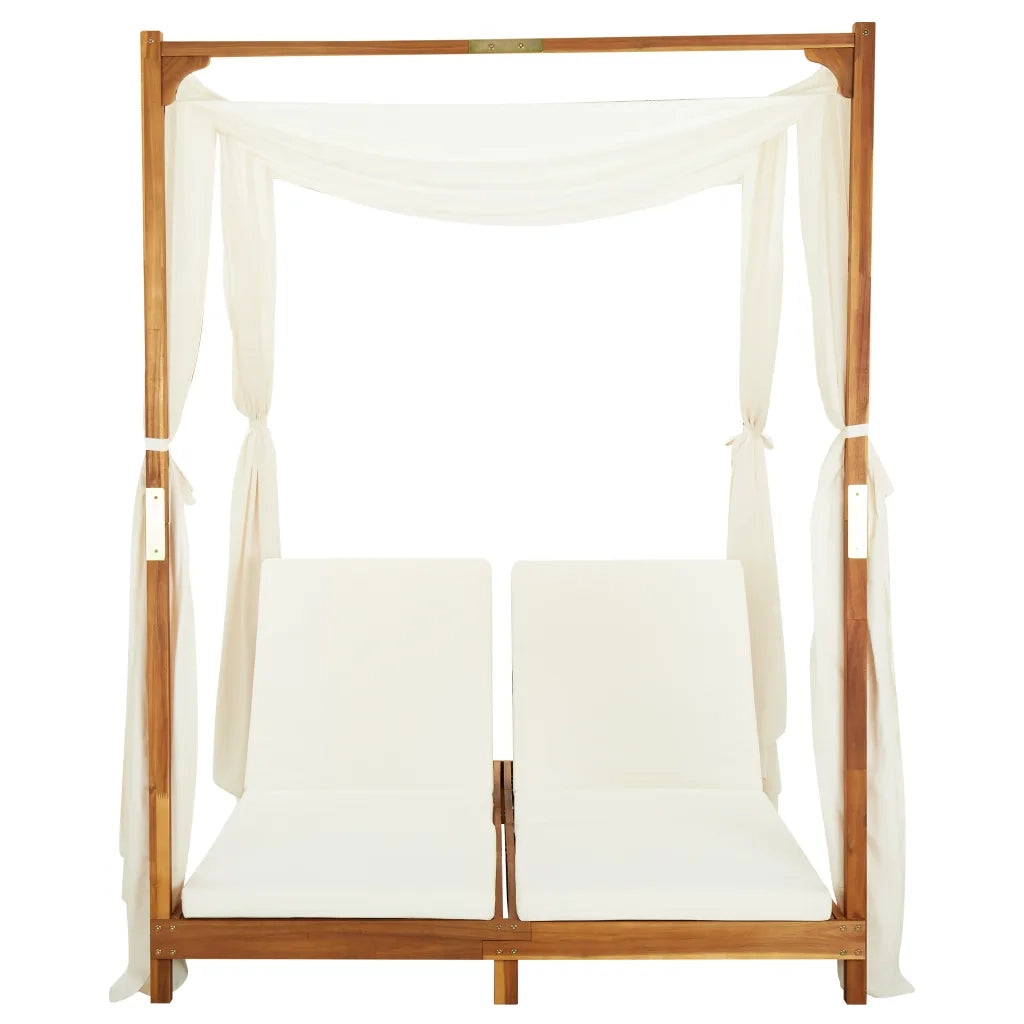 Lettino Prendisole Doppio con Tende e Cuscini in Legno Acacia cod mxl 41584
