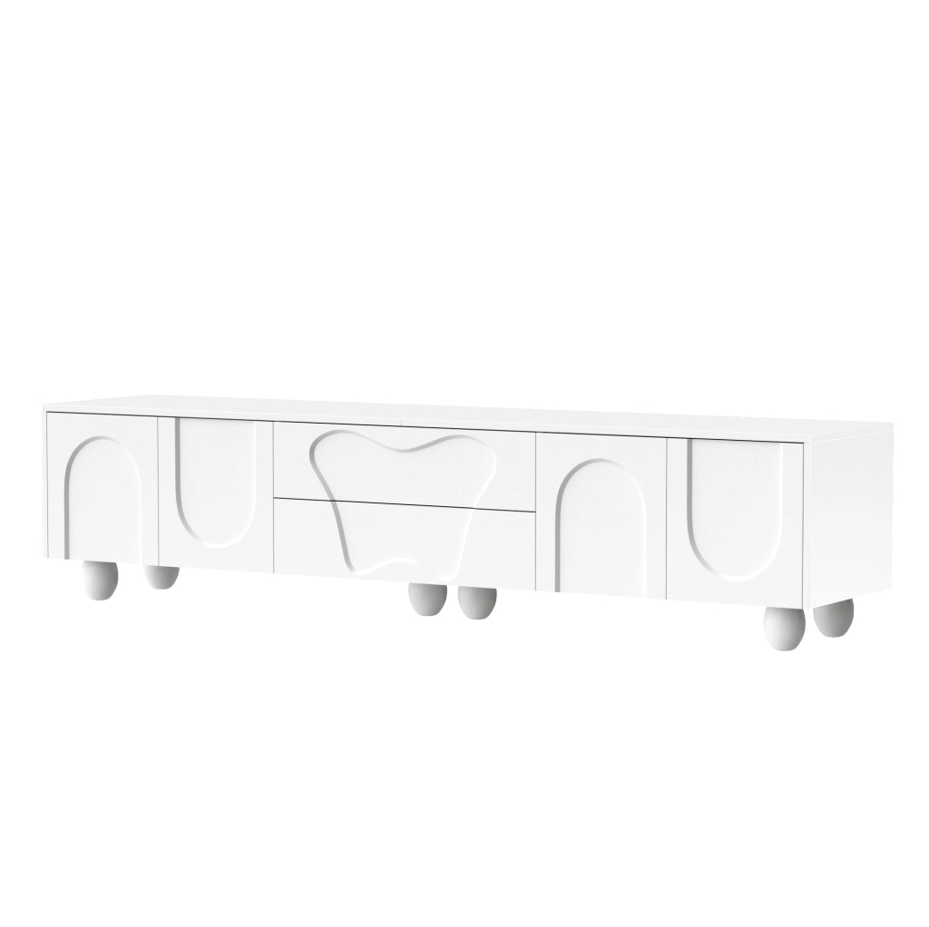 Mobile TV bianco 180 cm con gambe in legno e ampio spazio contenitore