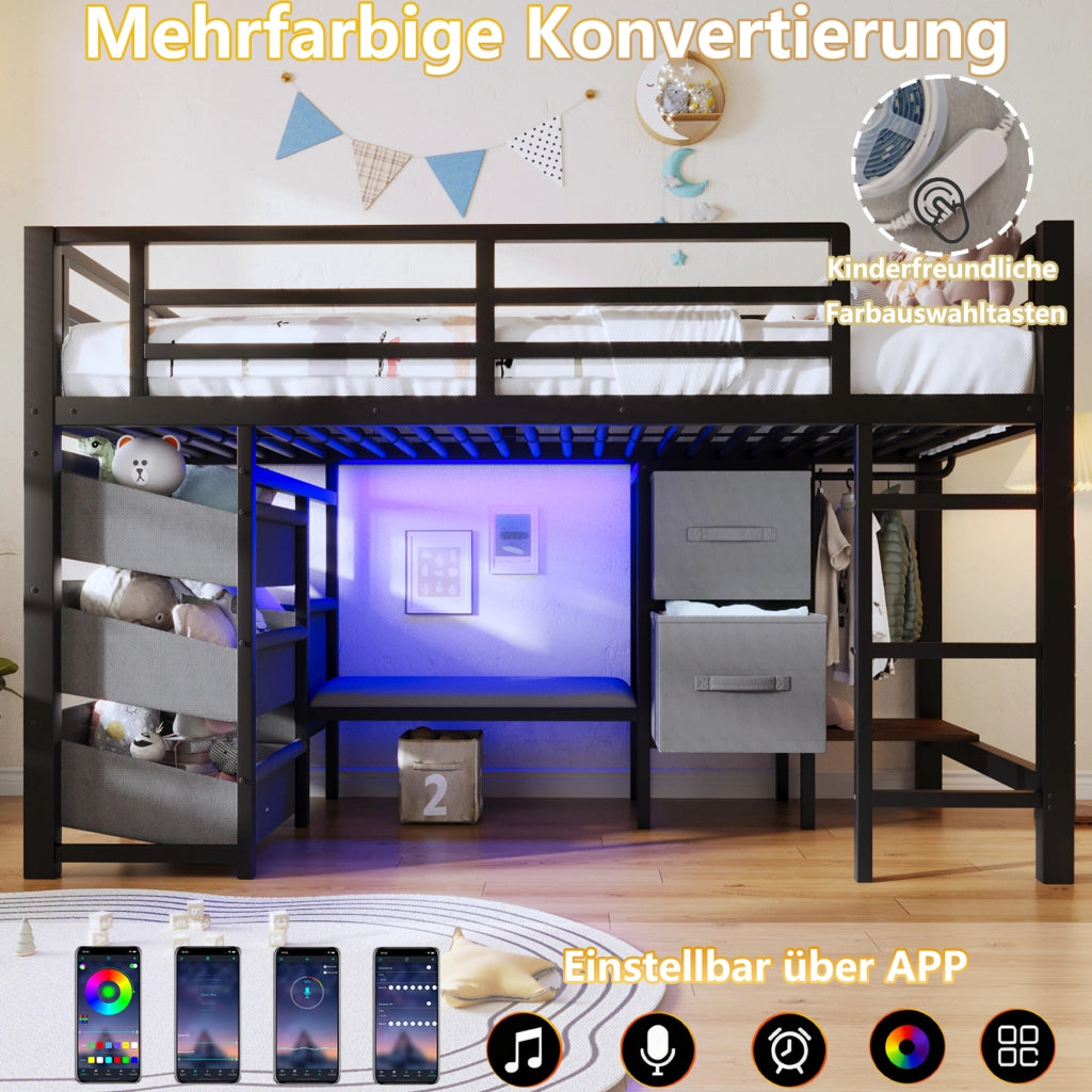 Letto a Soppalco 90x200 cm, con LED, Tasche, Appendiabiti e Cuscino - Metallo - Nero