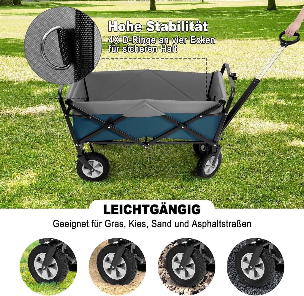 Carrello da Giardino Pieghevole, con Maniglia Regolabile, Carrello da Spiaggia Portatile con Tasche Laterali per Spesa, Picnic, Adatto a Vari Suoli, Portata 80 kg, Blu+Grigio