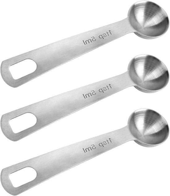 Set di Lepeli di Acciaio Inossidabile da 3 Pezzi per Cucina e Frittura - Accessori di Cucina Utili - Bilancia Precisa - Con Gancio di Sospensione - Adatto per Caffè, Tè e Erbe - Facile da Pulire.