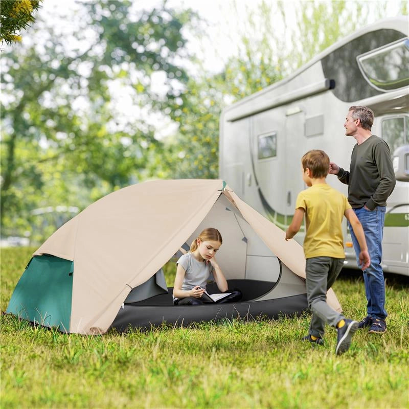 TENDA DA CAMPEGGIO 2 POSTI CON 2 VESTIBOLI 2 PORTE 2 FINESTRE E BORSA DI TRASPORTO 2.8X2.25X1.1 CM BEIGE