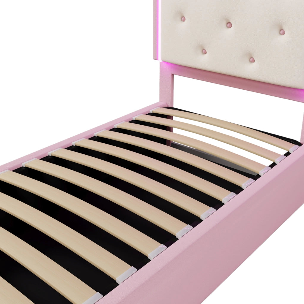 Letto per bambini imbottito 90x200 cm in PU e MDF con luce LED e contenitore; rosa