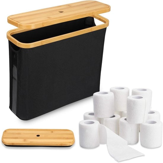 Contenitore per Cartucce di Carta Igienica in Bambù, Capienza 28 Litri, 12 Posti per Cartucce, 43,5 x 14,5 x 35 cm