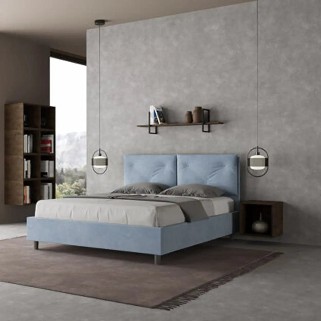 Letto matrimoniale con rete imbottito 160x200 microfibra azzurro Appia