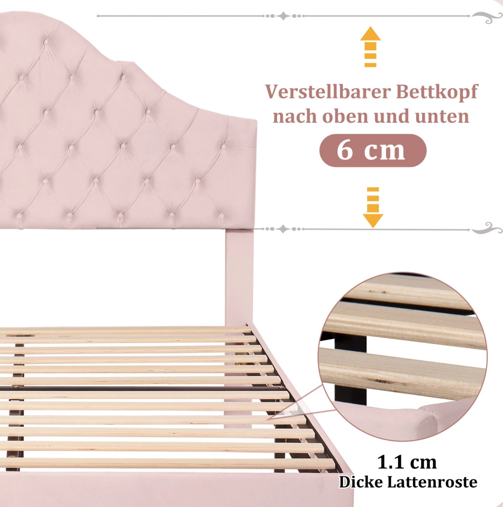 Letto imbottito 140x200 cm in velluto rosa con testiera regolabile