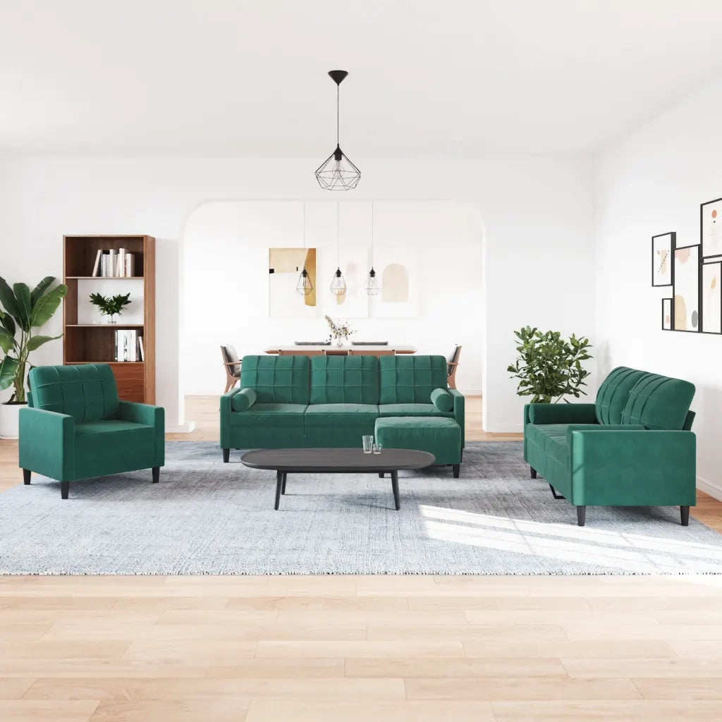 Set di Divani 4 pz con Cuscini e Rinforzi Verde scuro Velluto
