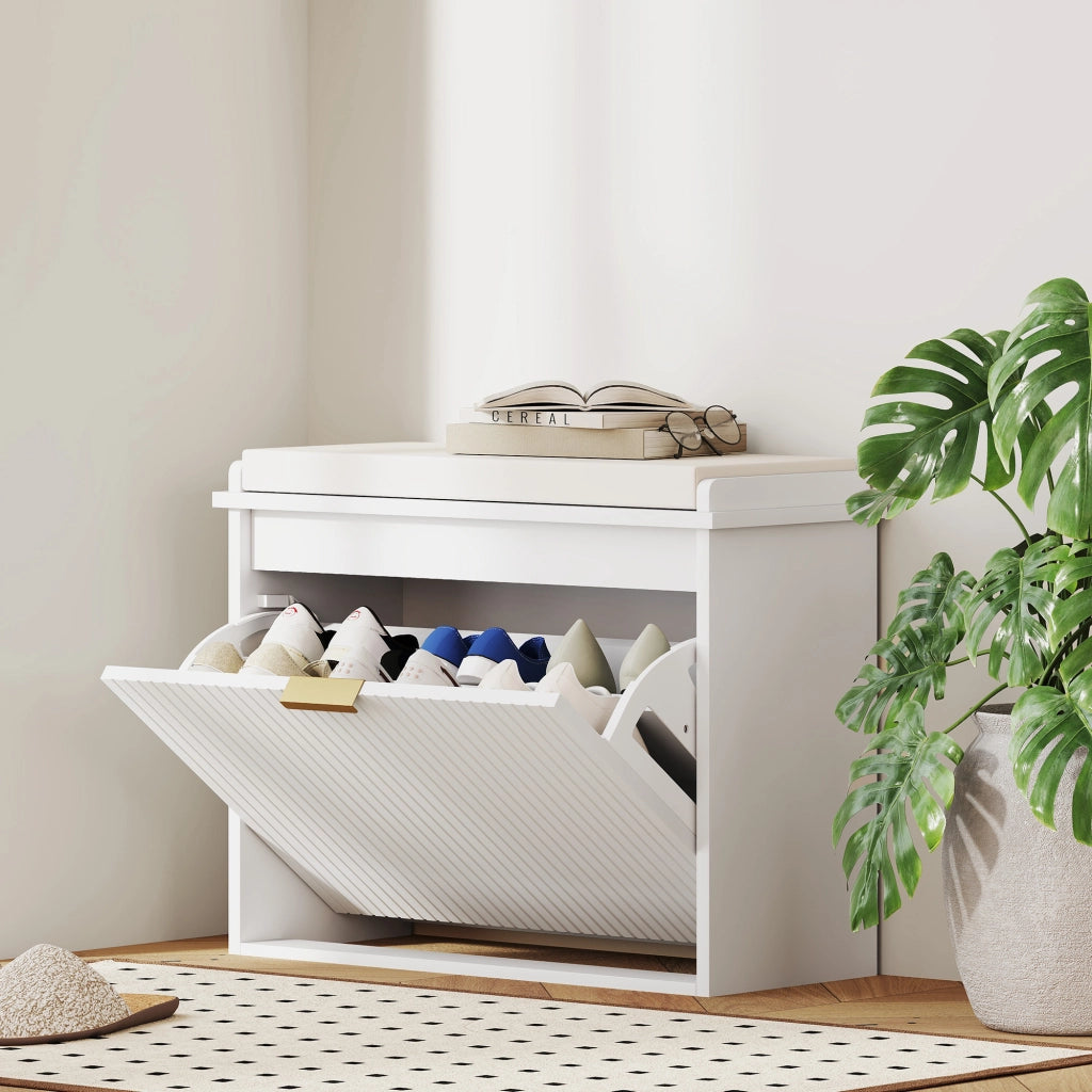 Panca con cuscino, cassetto e portascarpe ¨C zephmum ¨C bianco, 62x26x47.5 cm