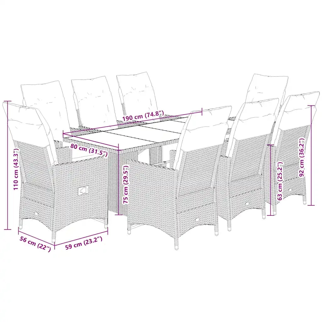 Set Bistrò da Giardino 9 pz con Cuscini in Polyrattan Grigio 3276900