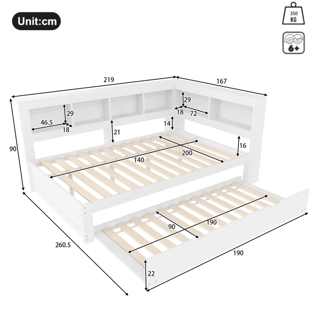 Divano letto bianco 140x200 cm con letto estraibile, prese USB e 2 cassetti
