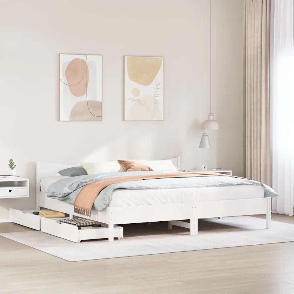 Giroletto con Cassetti Bianco 200x200 cm Legno Massello di Pino