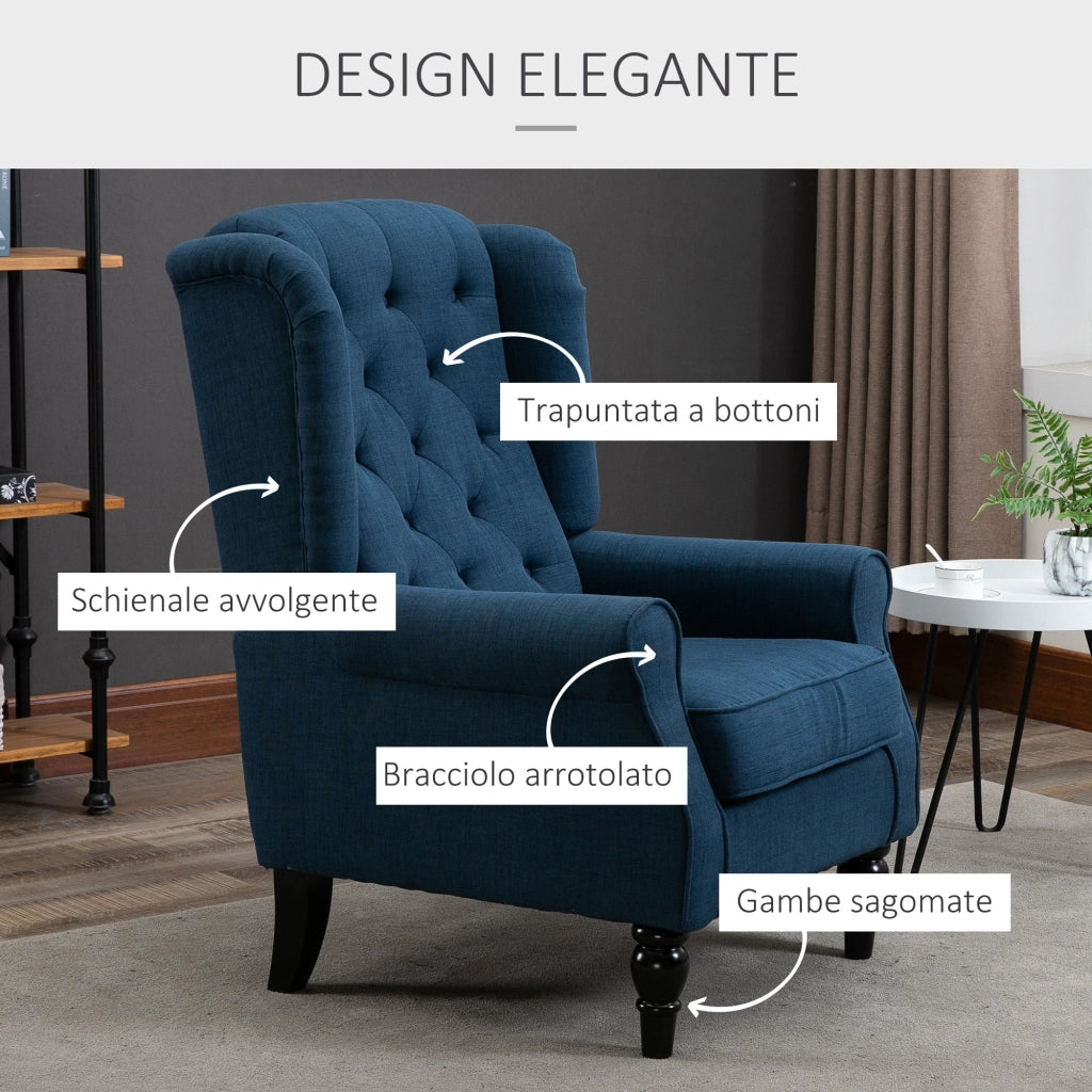 Poltrona per Salotto in Stile Francese con Seduta Imbottita e Cuscini 74x86x102 cm in Poliestere Blu