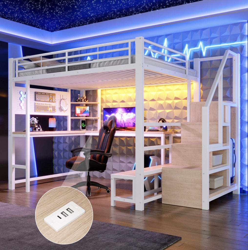Letto a soppalco 140x200 cm con scrivania; LED; USB e USB-C; MDF e metallo; bianco