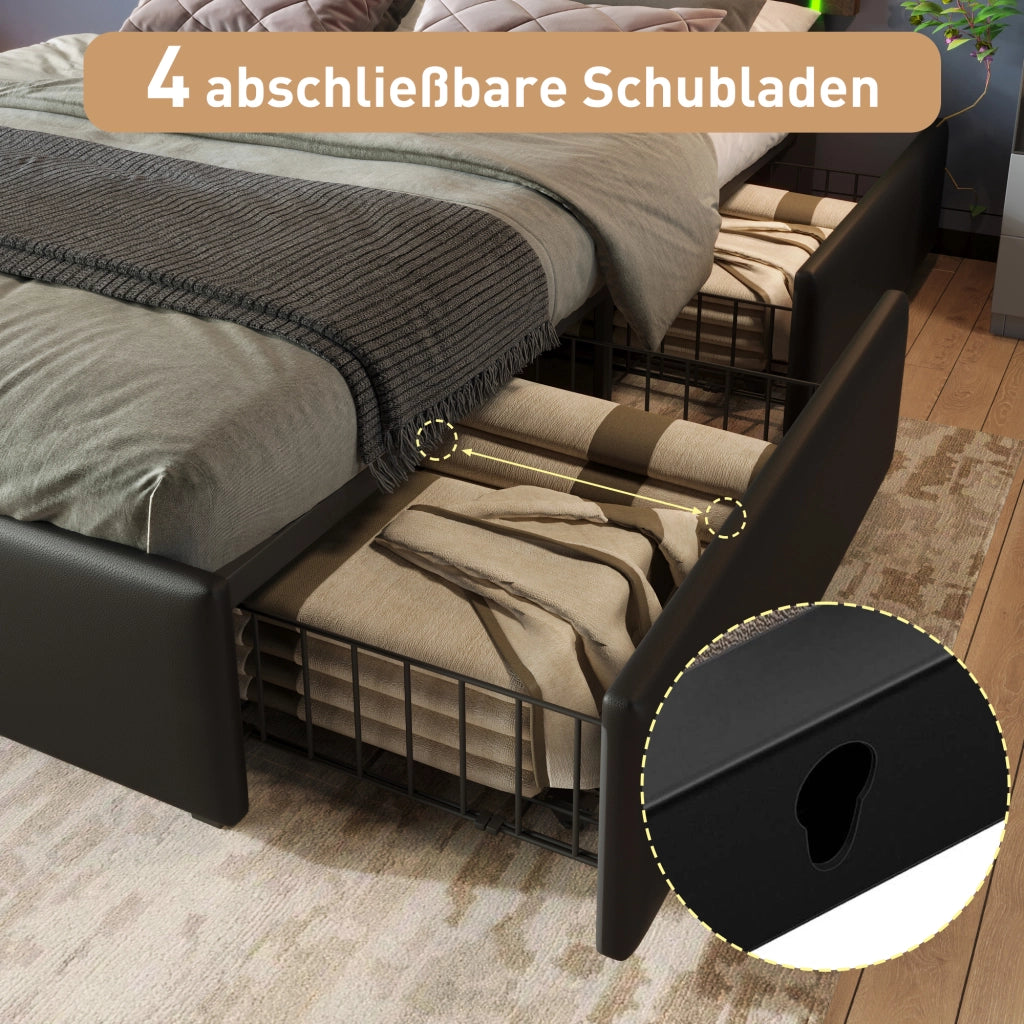 Letto con Cassetti 90x200 cm; Singolo - 4 Cassetti; LED e Testiera Regolabile - Nero