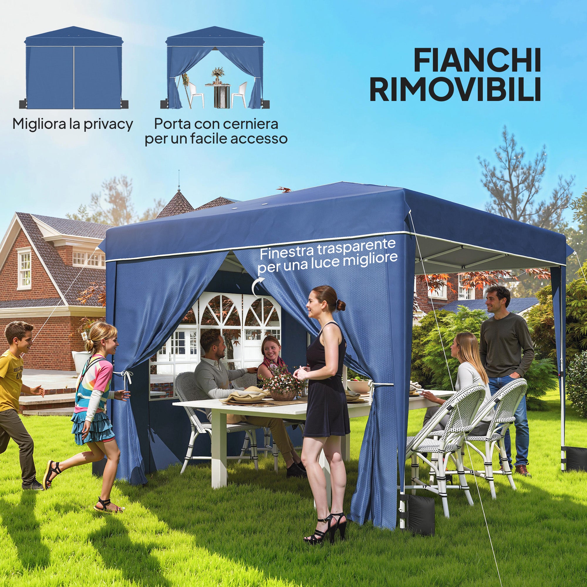 Gazebo Pieghevole 3x3 m con Pareti e Altezza Regolabile Protezione UV 50+ Blu Scuro