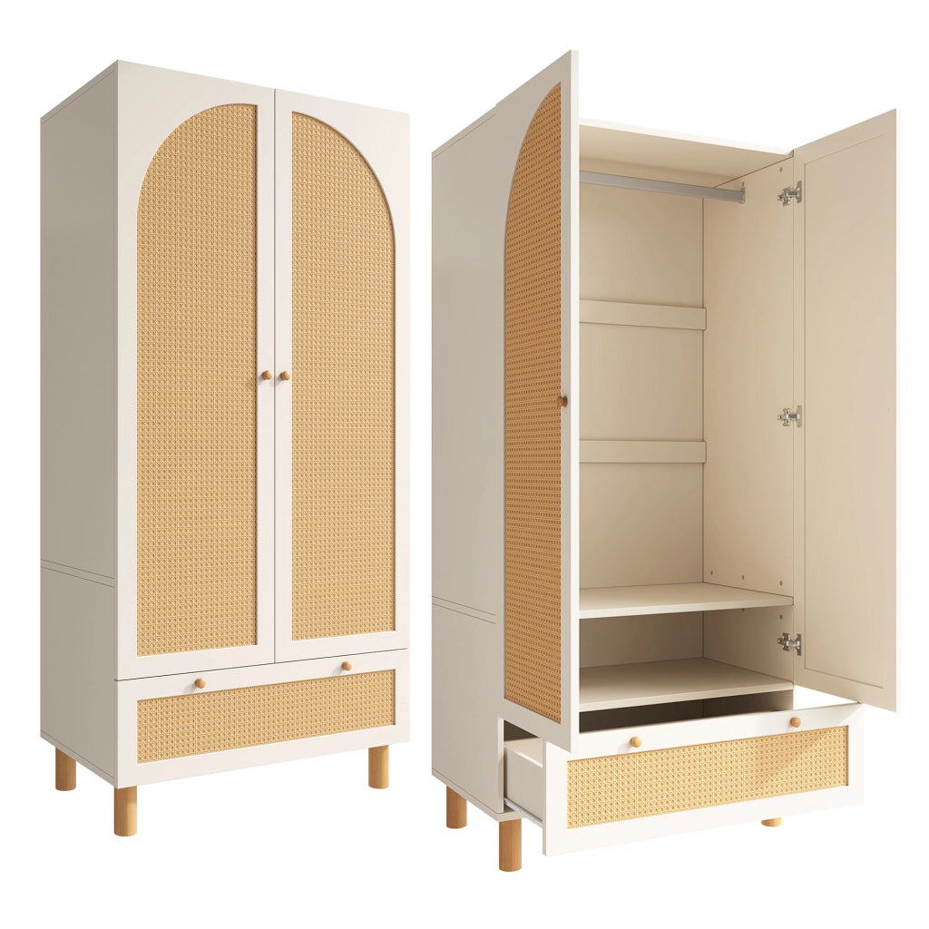 Armadio con 2 Ante e Rattan, Stile Rustico ¨C MINIMAL ¨C Bianco, Grande Cassetto, Ripiani Regolabili, 180x85x52