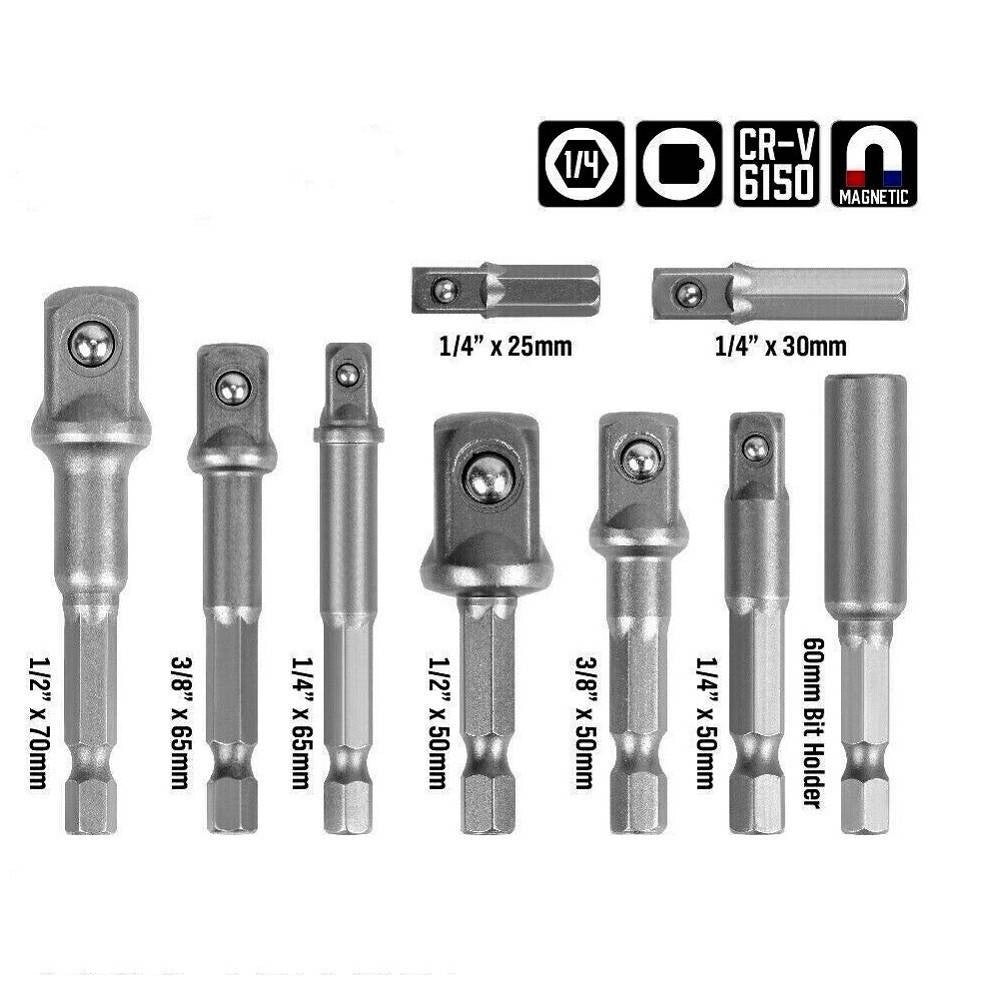 Trade Shop - Set 9 Pz Adattatori Per Bussola 1/4" 3/8" 1/2" Per Avvitatore Trapano Sdy-96032 -