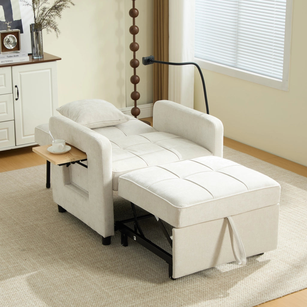 Poltrona letto convertibile con schienale reclinabile a 5 posizioni, tasche laterali e vassoio, in chenille beige