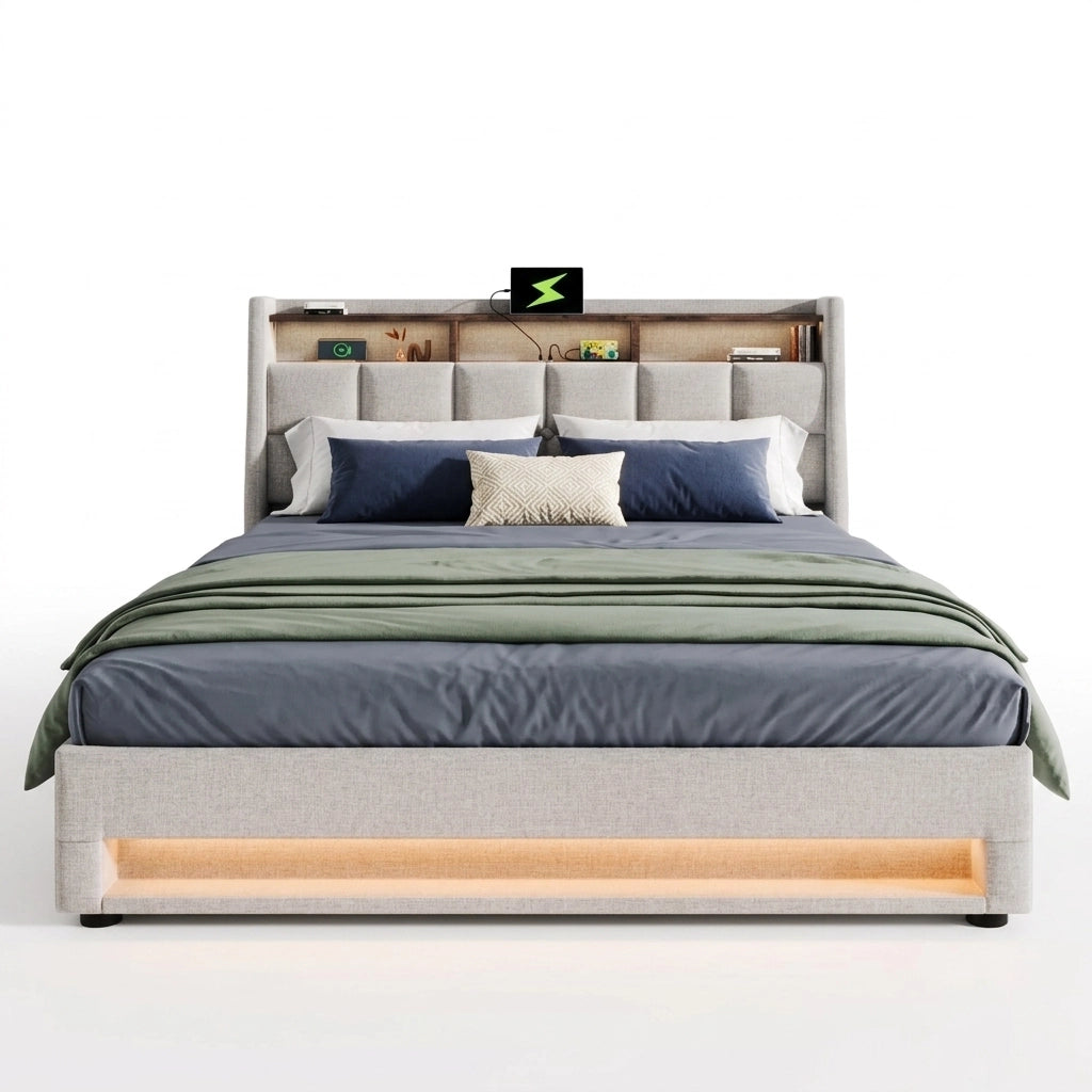 Letto matrimoniale imbottito 180x200 cm con LED e USB; stile vintage; lino beige