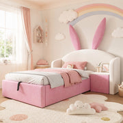 Letto per bambini 90x190 cm in velluto con comodino, beige e rosa