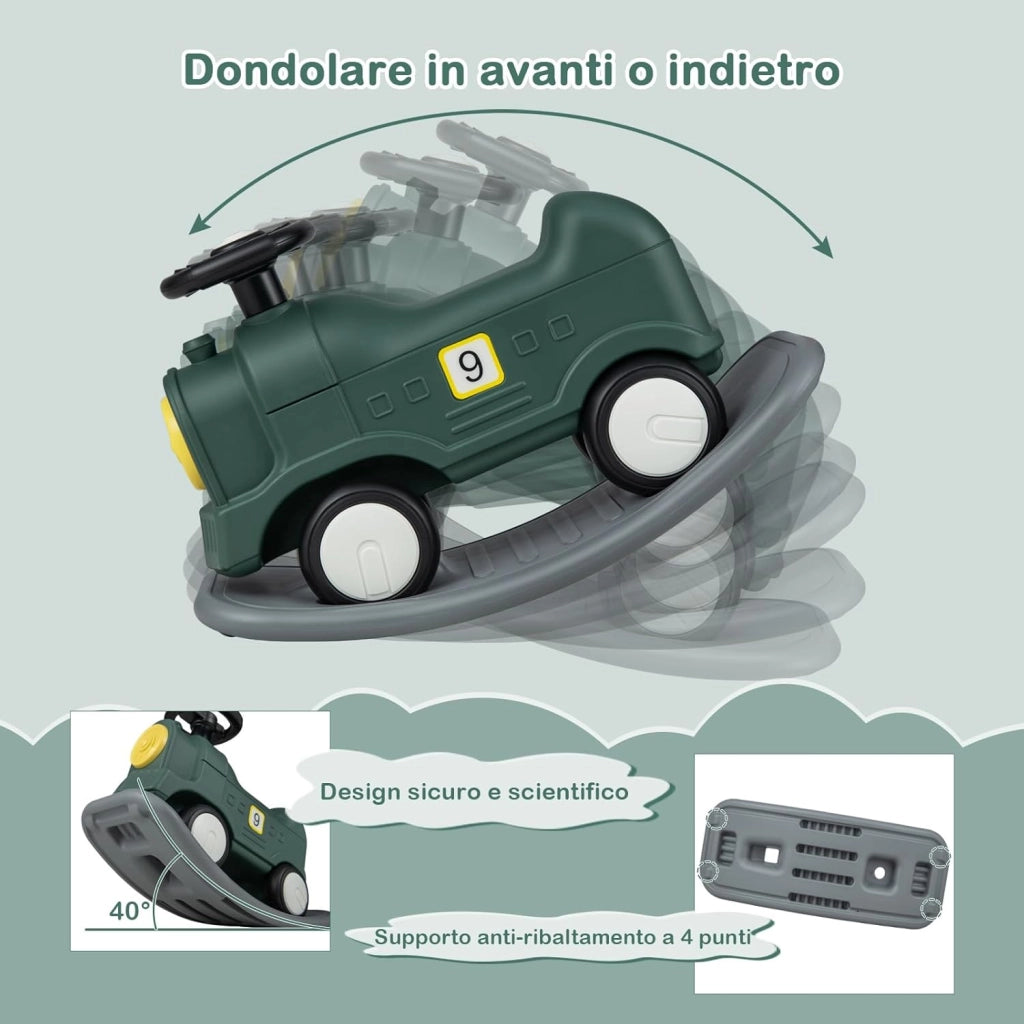 3 in 1 Cavallo a Dondolo per Bambini, con Macchinina Scivolante e Tavola Equilibrio Staccabile, Gioco a Dondolo Stile Treno per Bambini 18-72 Mesi (Stile 2 Verde)