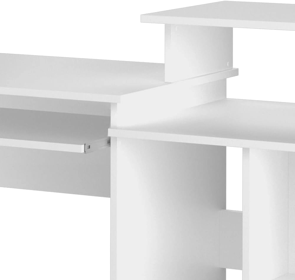 Scrivania con ripiani Jan, Bianco, 130 x 55 cm, con sovrastruttura e ripiano estraibile per tastiera