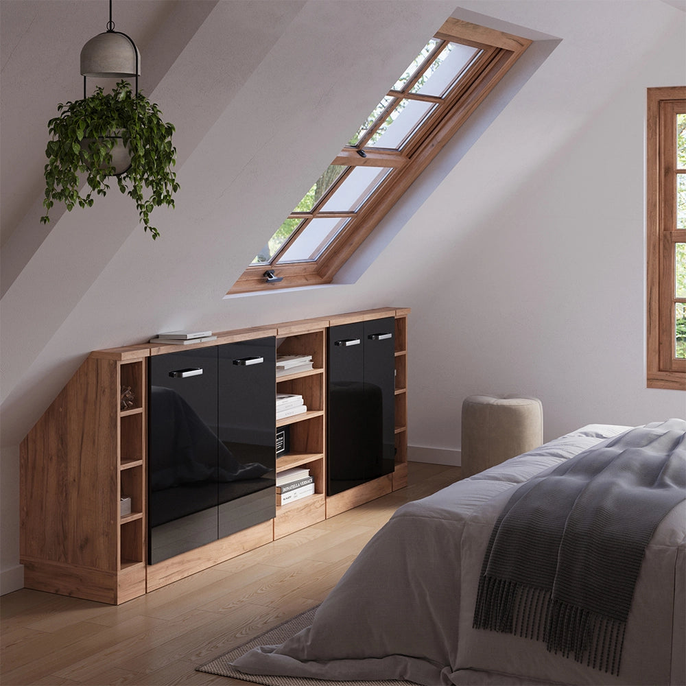 Mobile cucina sottotetto R-Line Nero lucido/Rovere dorato 210 cm Set di 5 Vicco