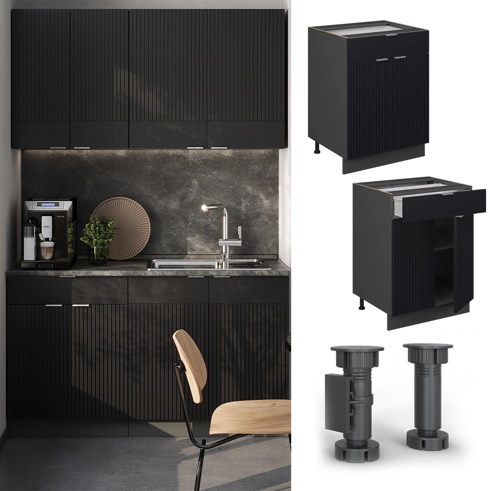 Mobiletto base per cucina Fame-Line Nero rigato/Antracite 60 cm con cassetto, PL Marmo Vicco