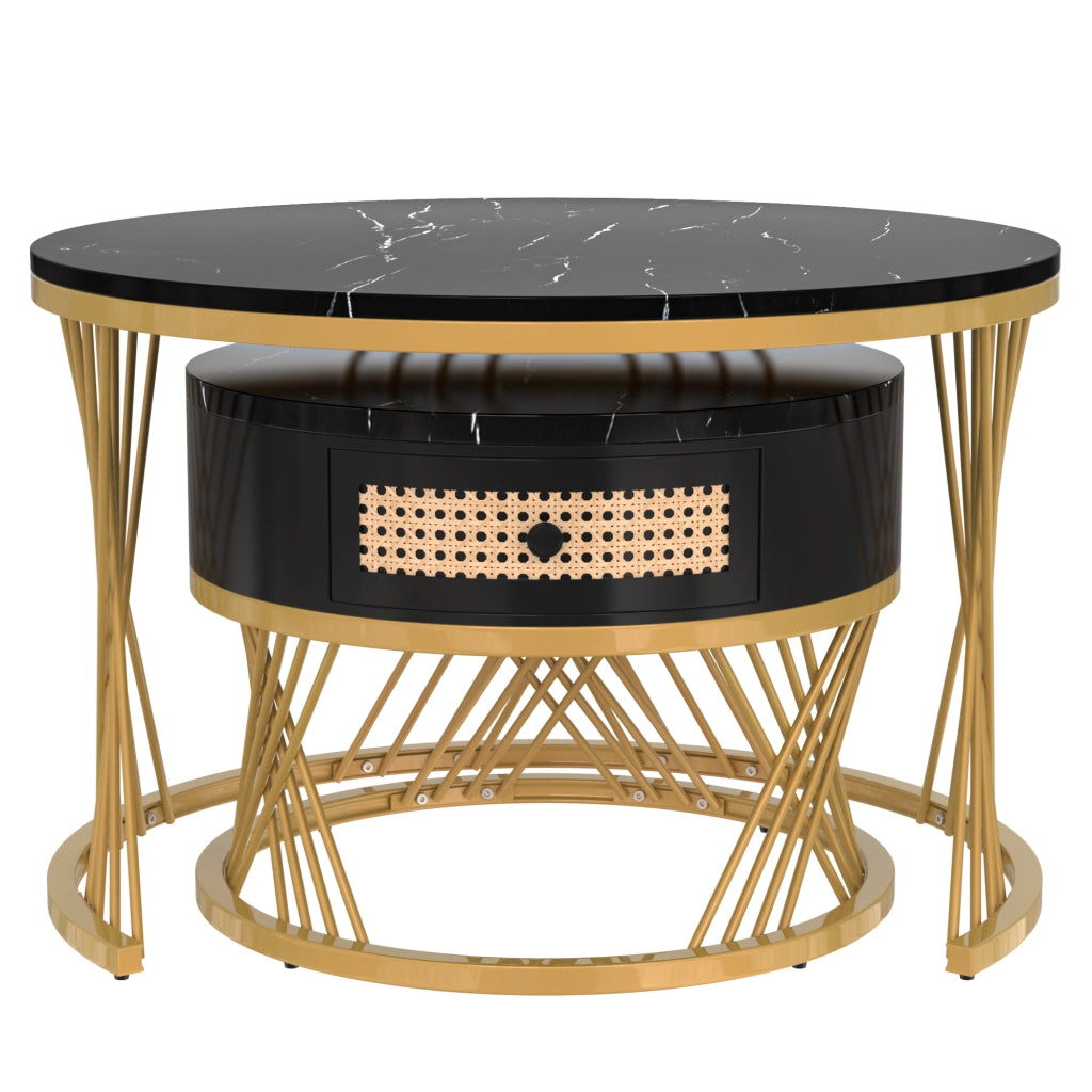 Tavolino da Caff¨¨ Rotondo Set 2 Pezzi ¨C Xylo ¨C MDF Marmo Rattan Nero Oro 70x70x45,5 + 50x50x38,5