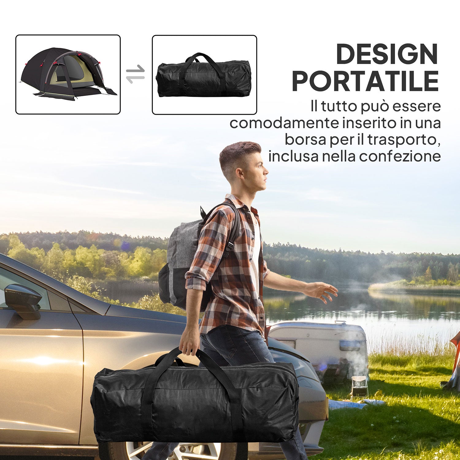 Tenda a Tunnel Impermeabile 330x190x120 cm per 2-4 Persone con Finestre Laterali e Gancio Nero