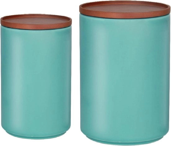 Set di contenitori in ceramica da 2 pezzi - stapabili - 800/1900 ml - per caffè, tè, zucchero, farina di grano e spezie - coperchi in bambù a tenuta di aria - menta