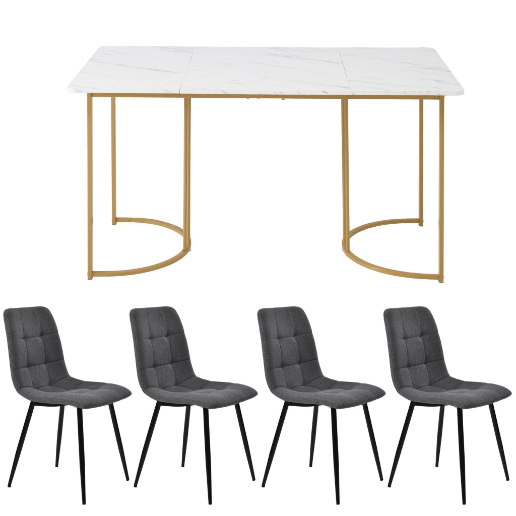 Tavolo da pranzo per 4 persone con 4 sedie, piano in MDF effetto marmo, struttura in metallo, per cucina, bianco