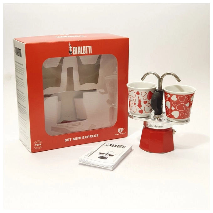 Bialetti 0007303 Mini Express Caffettiera con Tazzine Rosso Alluminio