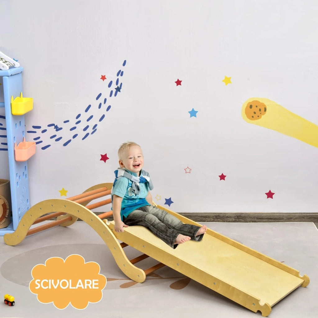 4 in 1 Set da Arrampicata per Bambini, Scala Giochi Arrampicata con Tappetino, Scala a Volta Versatile per Arrampicarsi e Scivolare, Carico 60 kg (Naturale)