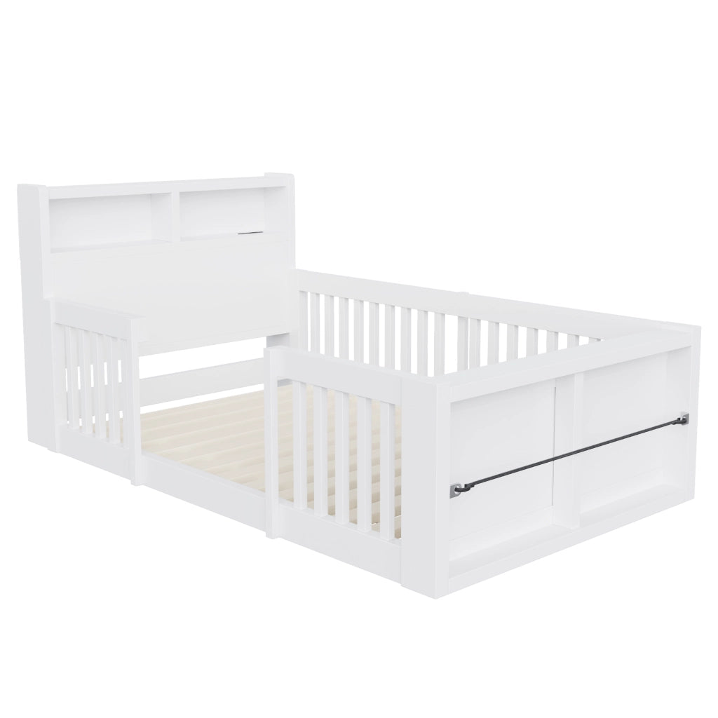 Letto per bambini singolo 90×190 cm con sponde alte; USB; luce notturna e vano; senza materasso; bianco