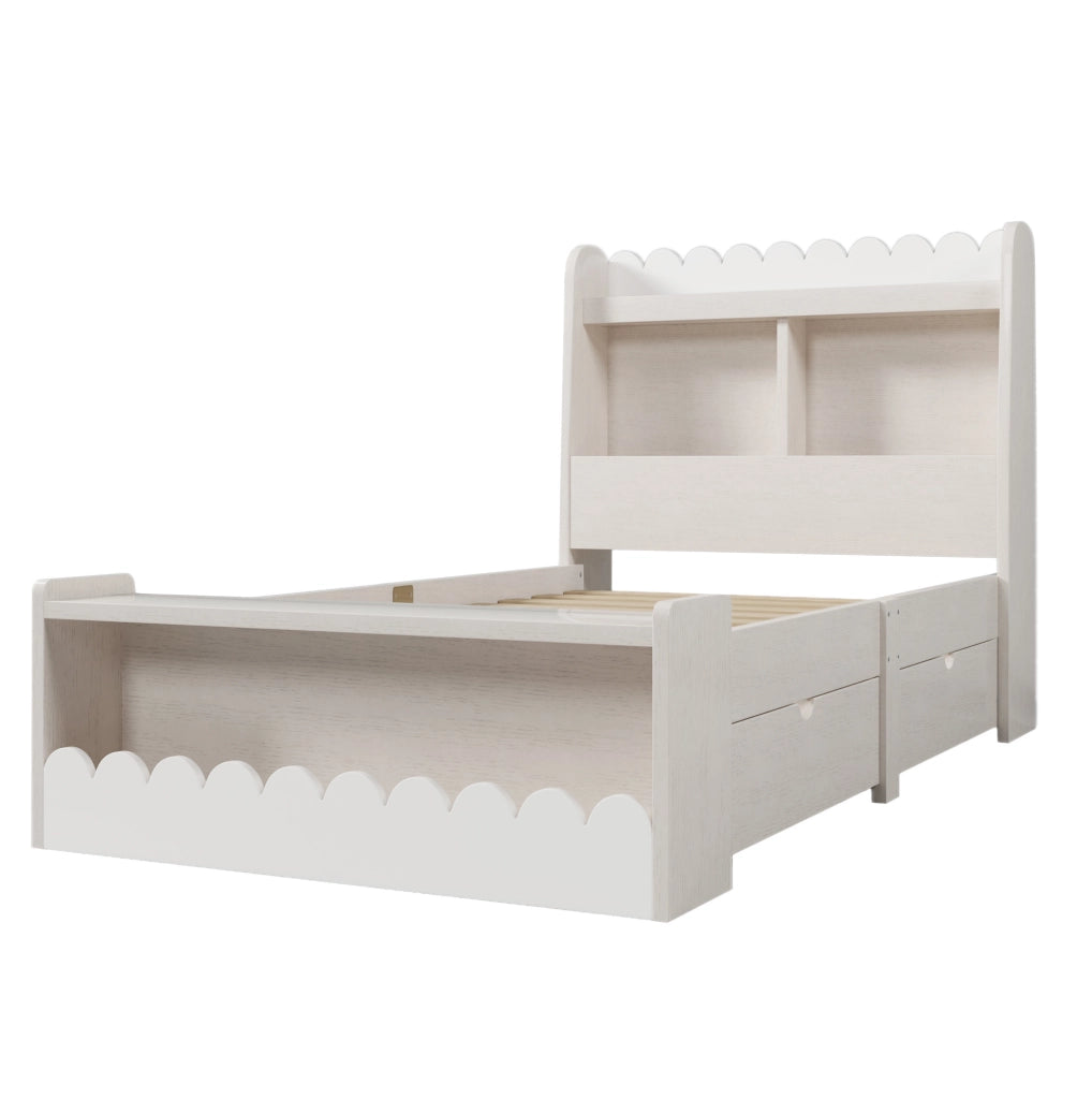 Letto per bambini 90x190 cm con 2 cassetti e ripiani; legno massello e MDF bianco e rovere chiaro