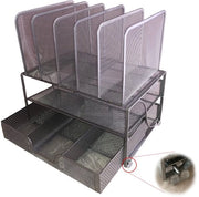 Organizzatore per ufficio in gabbia metallica grigia, robusto, con tacchetti antiscivolo e resistenti ai graffi, design elegante, cassetto per accessori, 1 compartimento orizzontale e 5 verticali per documenti.