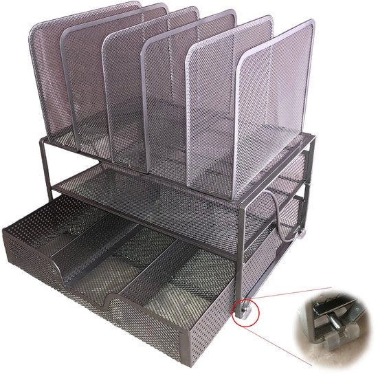 Organizzatore per ufficio in gabbia metallica grigia, robusto, con tacchetti antiscivolo e resistenti ai graffi, design elegante, cassetto per accessori, 1 compartimento orizzontale e 5 verticali per documenti.