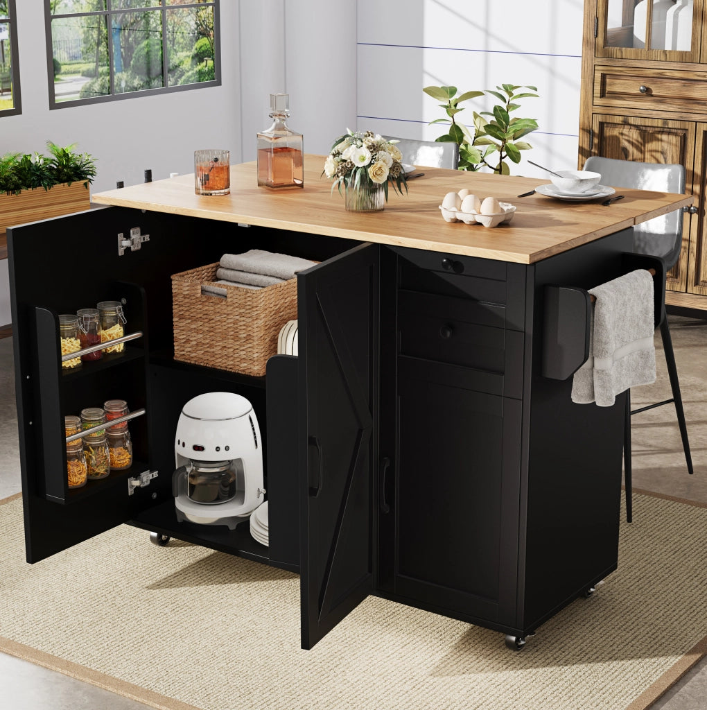Carrello da cucina 120x43.2x92 cm con piano pieghevole; ampio spazio contenitivo; MDF; nero