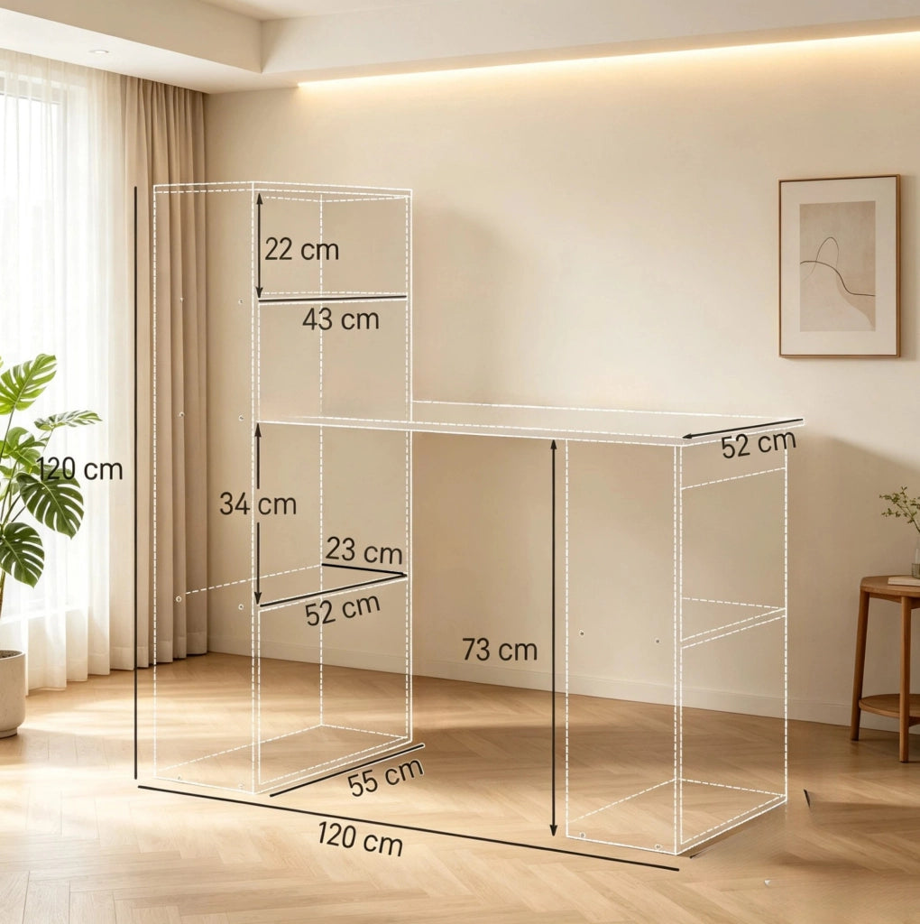 Scrivania bianca in truciolato con libreria integrata e design moderno, 120x55x120 cm