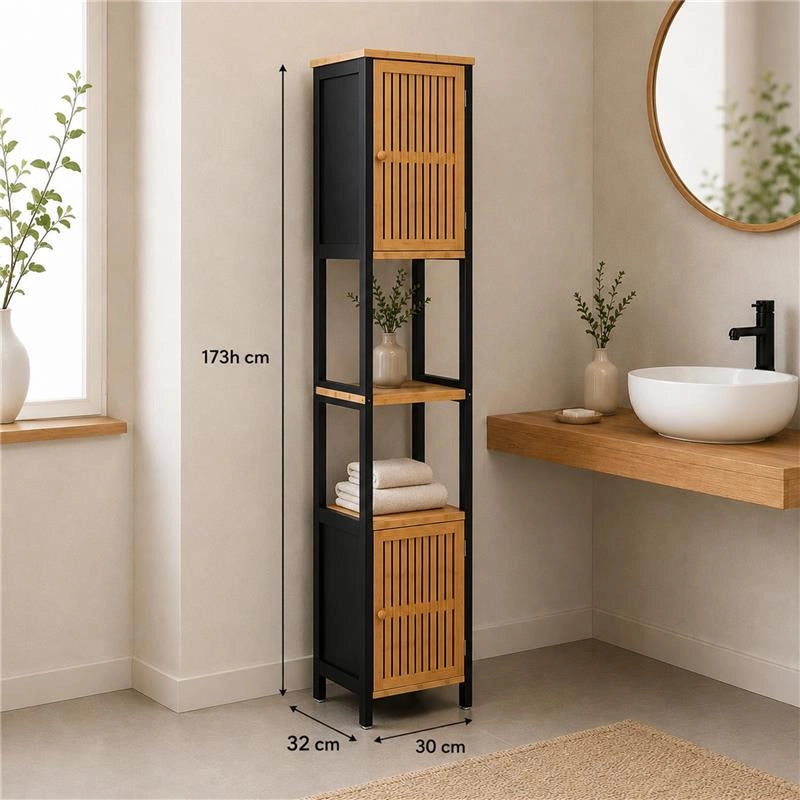 MOBILE DA BAGNO IN LEGNO CON 2 ANTE E RIPIANO IN BAMBOO - COLORE NERO DIMENSIONI 32X30X173 CM