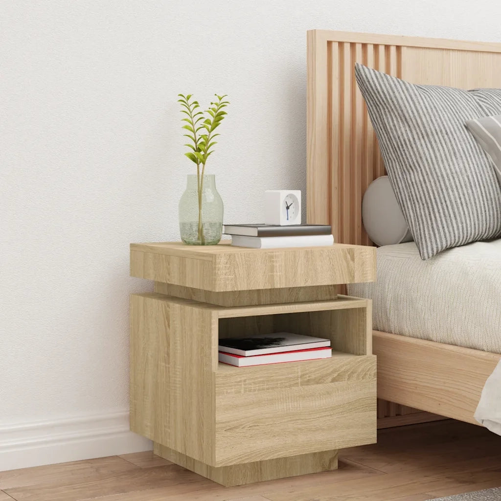 Comodino | Armadio da Notte | Mobiletto da notte con Luci LED Rovere Sonoma 40x39x48,5 cm