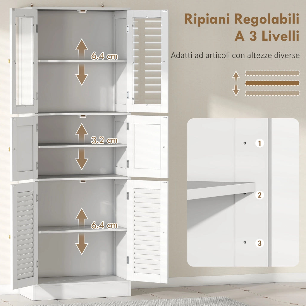 Mobile Bagno 60x30x170 cm con 3 Armadietti a 2 Ante in Vetro e Legno  Bianco