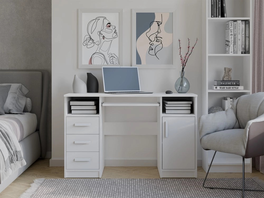 Scrivania delta bianco 120 cm 3 cassetti mobile con ripiani per ufficio camera e laptop
